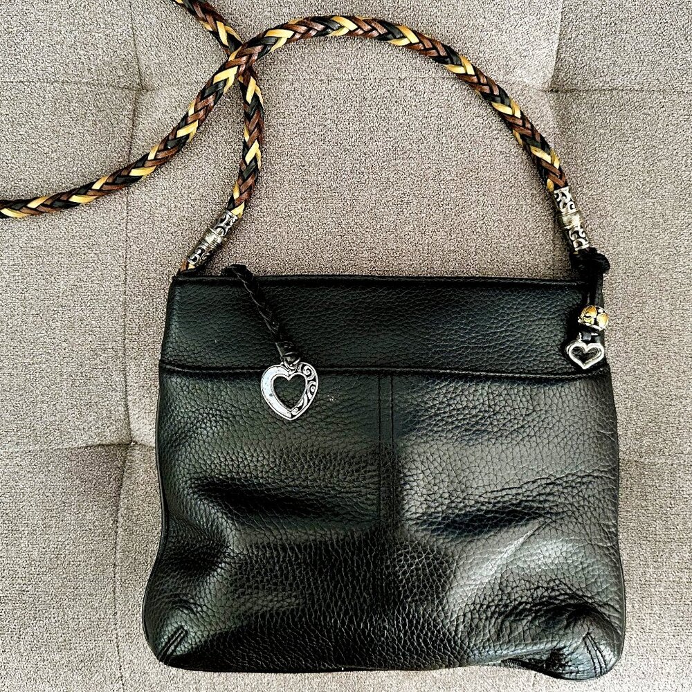 Black Genuine Leather Brighton Crossbody Bag Purse w/ Colorful Braided Strap